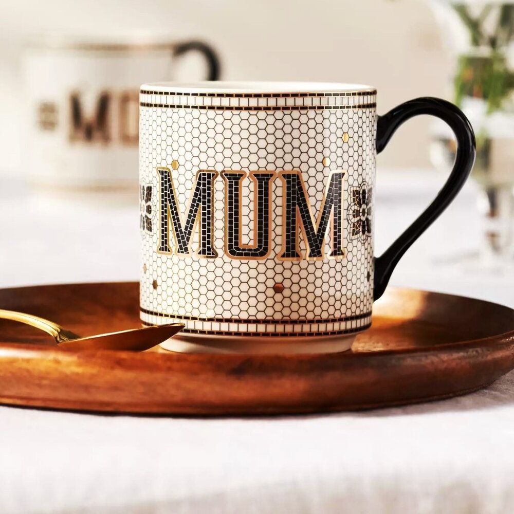 Anthropologie Bistro Tile Mug "MUM" 24K Gold Decaled Glazed Stoneware 14.75 oz
